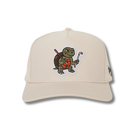 Front view of Waggle Snapper Hat featuring an embroidered fish swinging a golf club on a structured five-panel crown with a curved brim