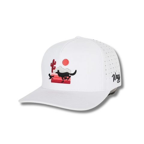 Front view of Waggle The Chase Hat featuring an embroidered golfer being chased by a bear, displayed on a structured five-panel crown with a curved brim