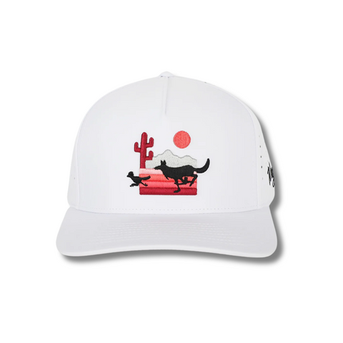 Front view of Waggle The Chase Hat featuring an embroidered golfer being chased by a bear, displayed on a structured five-panel crown with a curved brim
