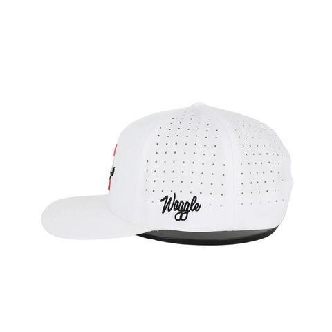 Side view of Waggle The Chase Hat showing mid-profile fit, breathable mesh back panels, and curved visor