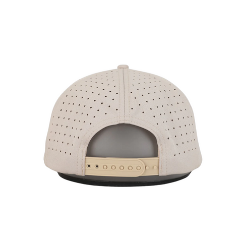 Back view of Waggle Wally Hat in Tan with adjustable snapback closure and ventilated perforated mesh back
