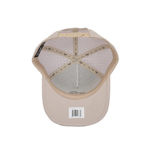 Flat lay of Waggle Wally Hat in Tan highlighting embroidered gopher golf graphic, moisture-wicking fabric, and clean structured crown
