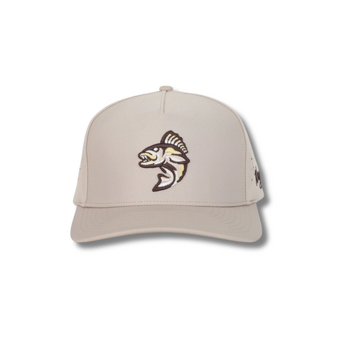 Front view of Waggle Wally Hat in Tan featuring an embroidered gopher popping out of a golf hole on a structured five-panel crown with curved brim