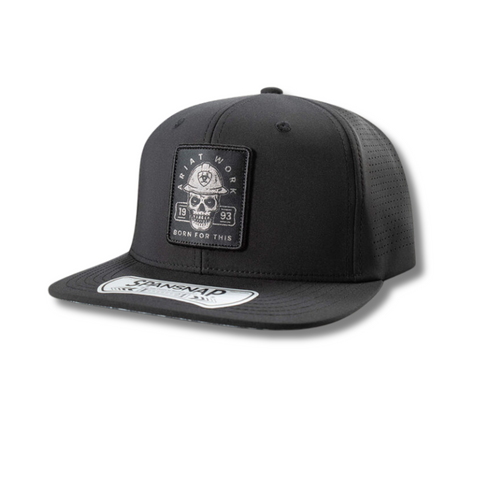 Front view of Work Roughneck snapback cap in black with reflective patch and structured fit – Rooster