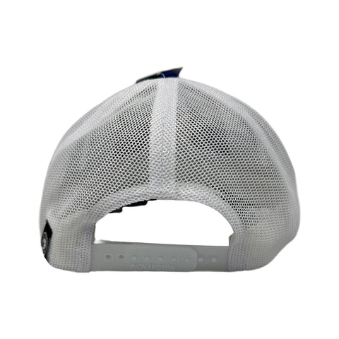 Back of Ariat Shield Cap in blue with adjustable snapback closure and contrast mesh design