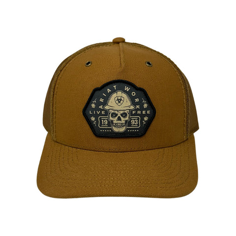 Front view of Ariat Skull Patch Cap in tan featuring a bold embroidered skull patch on a structured crown