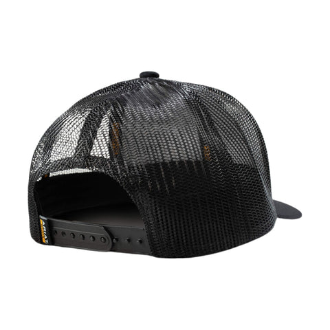 Back view of Ariat Work Hard Live Free snapback cap in black with embroidered patch – Rooster