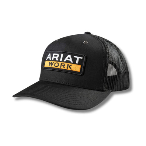 Front view of Ariat Work Patch snapback cap in black with bold patch logo – Rooster