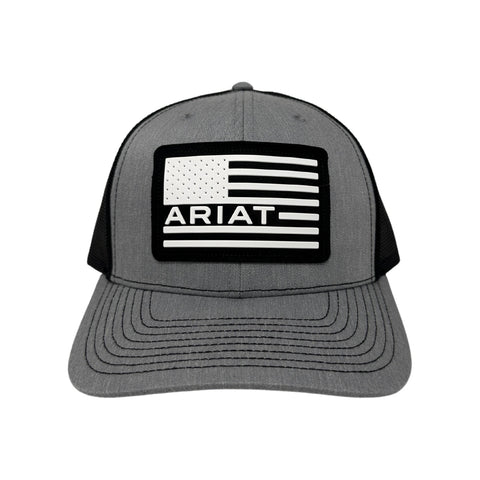 Front view of Ariat Snapback USA Flag Logo in grey featuring an embroidered USA flag Ariat logo on a structured front panel - Topit