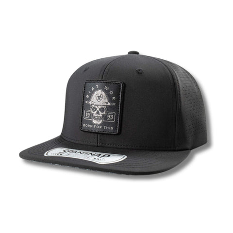 Front view of Work Roughneck snapback cap in black with reflective patch and structured fit – Rooster