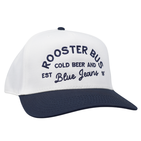 Cold Beer and Blue Jeans Rooster Bus Hat - White/Navy - TopIt