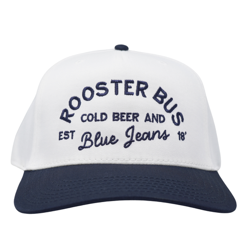 Cold Beer and Blue Jeans Rooster Bus Hat - White/Navy - TopIt