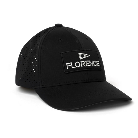 Front view of Florence Airtex Trucker Hat in black with mesh back and curved brim – Rooster