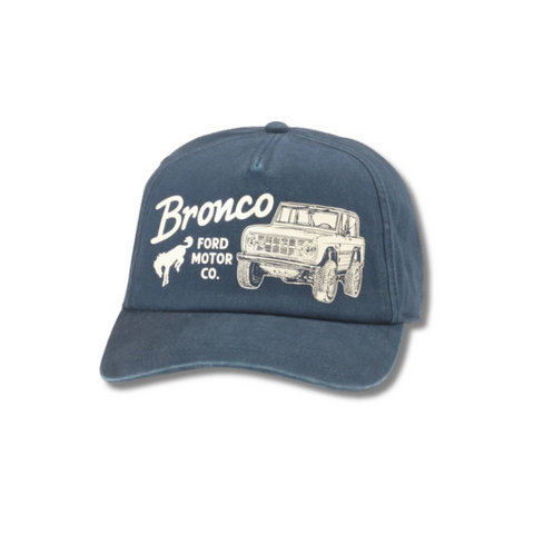 Front view of American Needle Bronco Walker Hat in Navy featuring a vintage-style embroidered bronco patch on a structured front panel