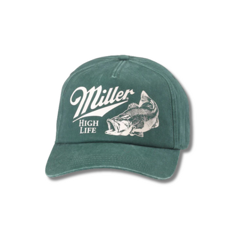 Front view of American Needle Miller High Life Walker Hat in Bottle green featuring a vintage-style Miller High Life patch on a garment-washed unstructured crown
