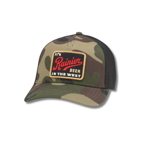 Front view of American Needle Rainier Beer Twill Valin Patch Hat in Black and Camo featuring a vintage-style Rainier Beer patch on a structured crown