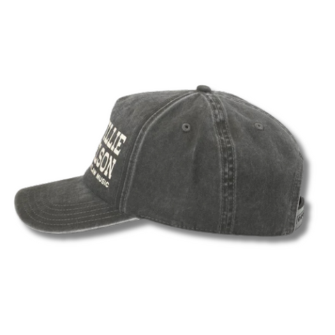 Side view of Willie Nelson Walker Hat in Black showing curved brim, garment-washed cotton fabric, and tonal stitching