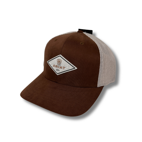Side view of Ariat Diamond Faux Leather Cap in brown showing curved brim and contrast mesh back - Topit