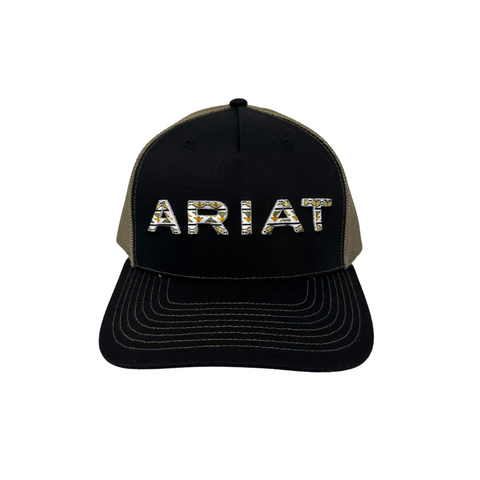 Front view of Ariat Embroidered Logo Cap in black and green featuring a bold embroidered Ariat shield logo on a structured front panel - Topit
