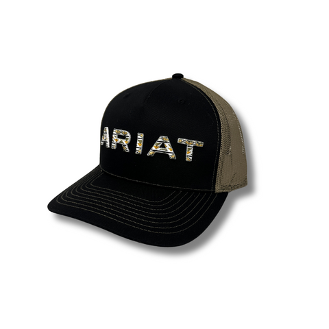 Side view of Ariat Embroidered Logo Cap in black and green showing curved brim and green mesh back panel - Topit