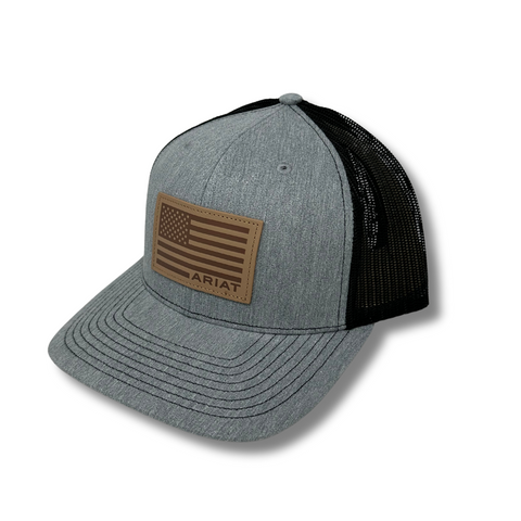 Side view of Ariat Flag Patch Grey Snapback showing curved brim and breathable mesh back panel - Topit