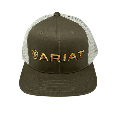 Front view of Ariat Logo Cap in dark green featuring an embroidered Ariat shield logo on a structured front panel - Topit