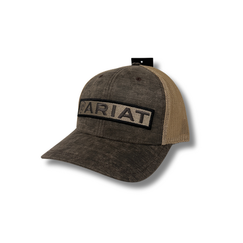 Side view of Ariat Long Logo Cap in brown showing curved brim and mesh back for breathability - Topit