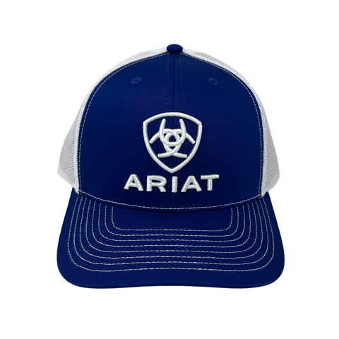 Front view of Ariat Shield Cap in blue featuring a structured crown with embroidered Ariat shield logo patch