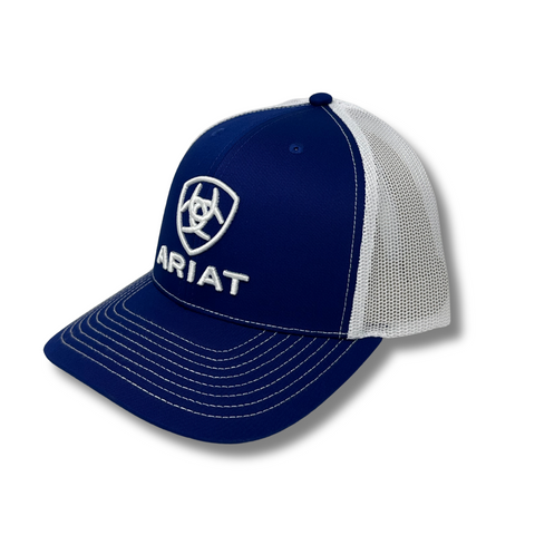 Side view of Ariat Shield Cap in blue showing curved brim and breathable mesh back panel