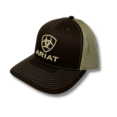 Side view of Ariat Shield Cap in brown showing curved brim and contrast mesh back for breathability