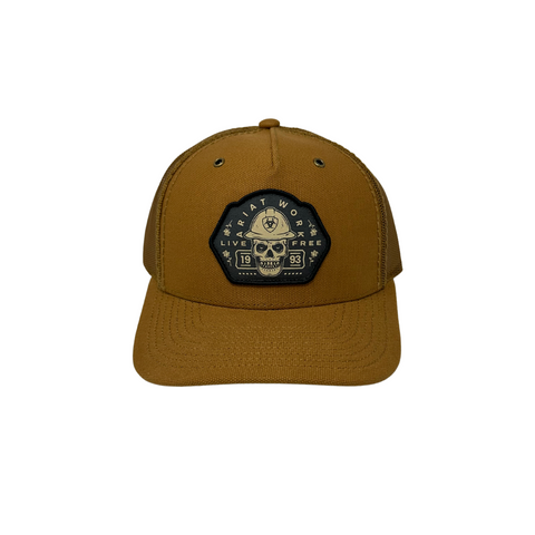 Front view of Ariat Skull Patch Cap in tan featuring a bold embroidered skull patch on a structured crown