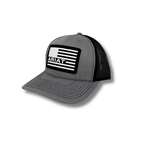 Side view of Ariat Snapback USA Flag Logo in grey showing curved brim and contrast mesh back panel - Topit