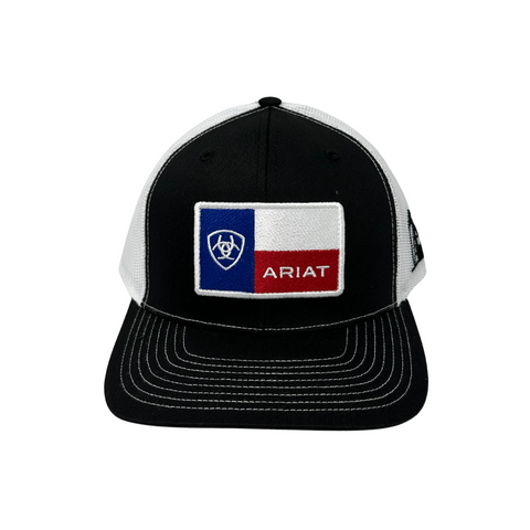 Front view of Ariat Texas Flag Cap featuring a bold embroidered Texas flag patch on a structured crown