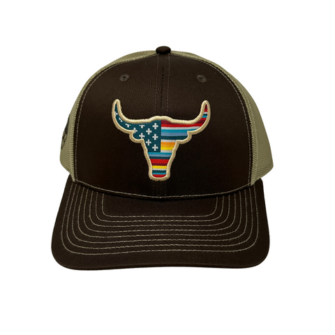 Front view of Ariat USA Flag Bull Snapback featuring embroidered bull graphic with American flag design on a structured crown - Topit