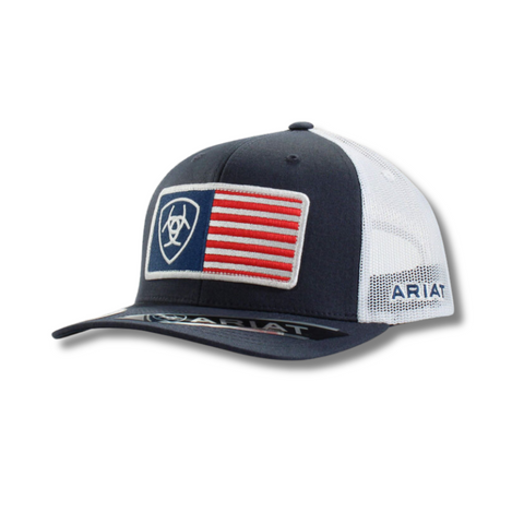 Front view of Ariat trucker hat in navy with USA flag patch and mesh back – Rooster