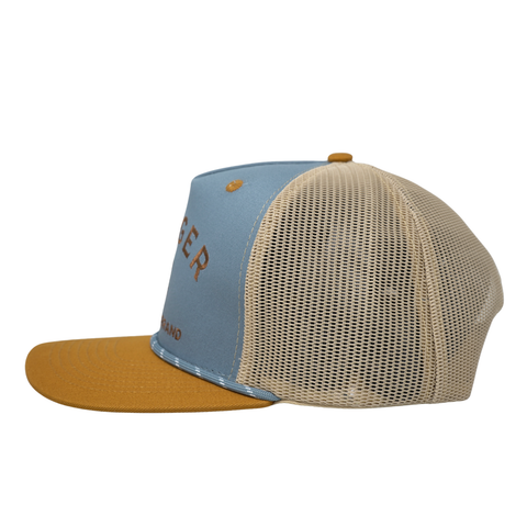 Branded Trucker Snapback – Color: Blue/ Tan