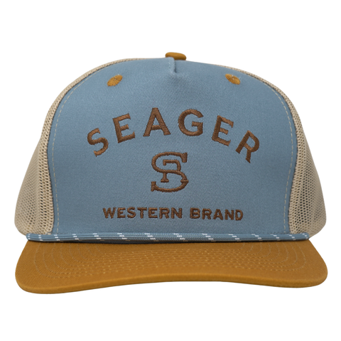 Branded Trucker Snapback – Color: Blue/ Tan
