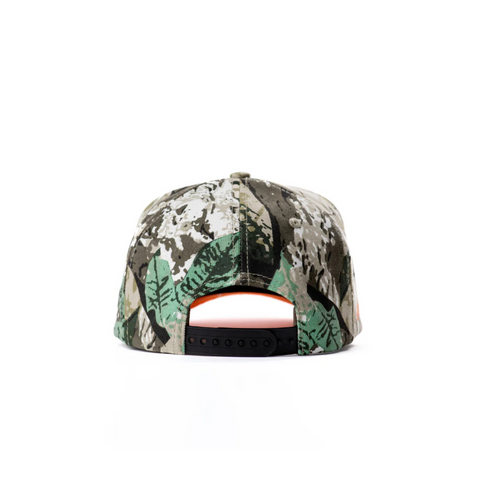 Back view of DadGang DadTree Camo Trucker Hat in Orange with adjustable snapback closure and orange mesh panel for breathability