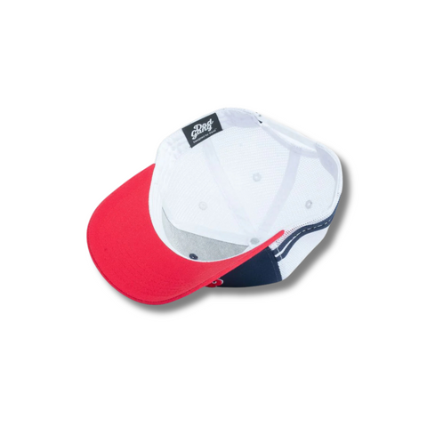 Flat lay of DadGang Logo USA Trucker Hat highlighting red, white, and blue logo embroidery and structured trucker hat profile