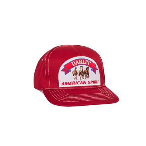 Side view of Darlin' American Spirit Snapback in Red highlighting mid-profile fit, curved visor, and breathable twill construction