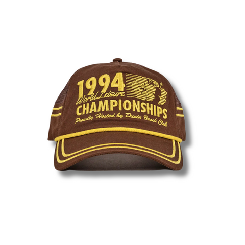 Front view of Duvin 94 Hat in Brown featuring a structured crown and embroidered “94” logo patch on the front panel