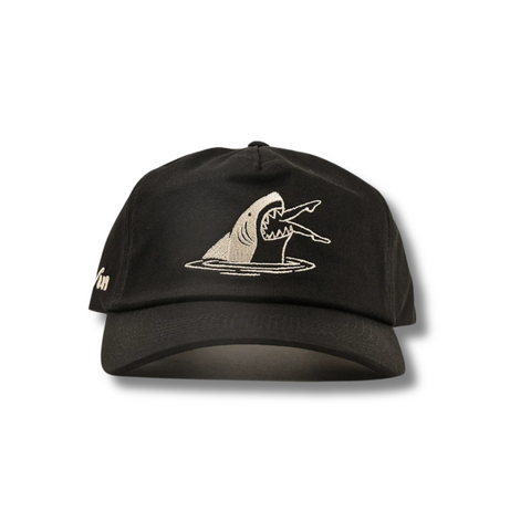Front view of Duvin Shark Bite Hat in Black featuring a structured crown and embroidered shark graphic on the front panel
