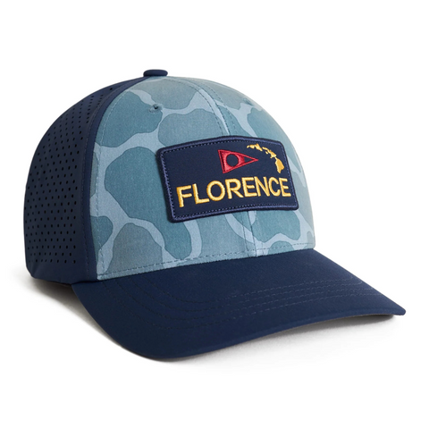 Front view of Florence Airtex Trucker Hat in light sea blue camo with breathable mesh panel – Rooster