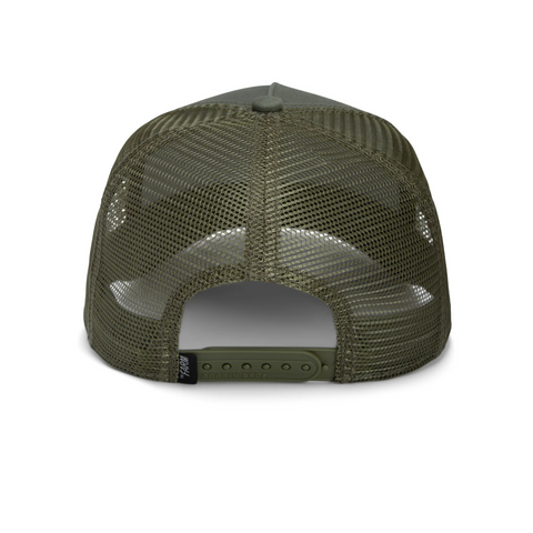 Back view of the Gone Fishin' trucker hat in olive from Goorin Bros, highlighting the adjustable snapback closure and mesh construction for ventilation.