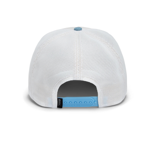 Back view of the Goorin Bros Rooster Fan Institution Ball Club trucker hat in white, highlighting the mesh back and adjustable snapback strap.