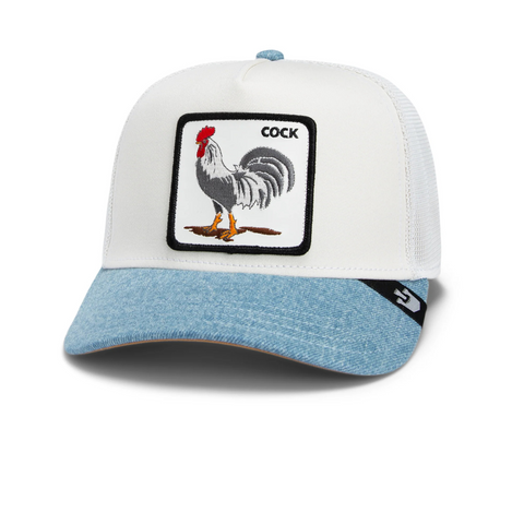 Front view of the Goorin Bros Rooster Fan Institution Ball Club hat in white, showcasing the bold rooster patch on a structured crown with clean contrast elements.