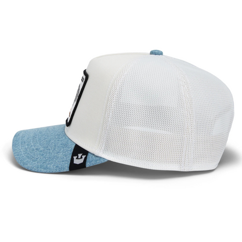 Side angle of the white Rooster Fan Institution Ball Club cap by Goorin Bros, featuring a curved brim and side mesh panels for breathability.