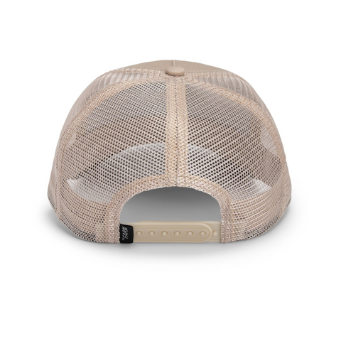 Back view of Goorin Bros' The Doberman trucker cap, displaying the adjustable snapback closure and airy mesh panel in complementary earth tones.