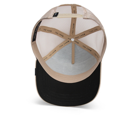 Flat lay display of The Doberman hat in Oak, neatly positioned to showcase the embroidered animal patch and detailed stitching on the structured front panel.