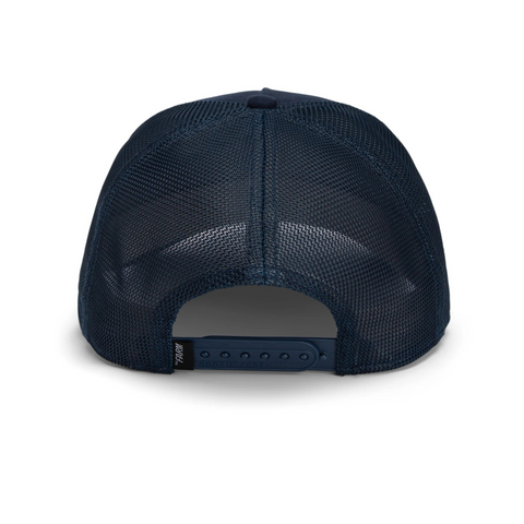 Back view of the Goorin Bros The Suede Goat hat in navy, highlighting the adjustable snapback closure and mesh panel.